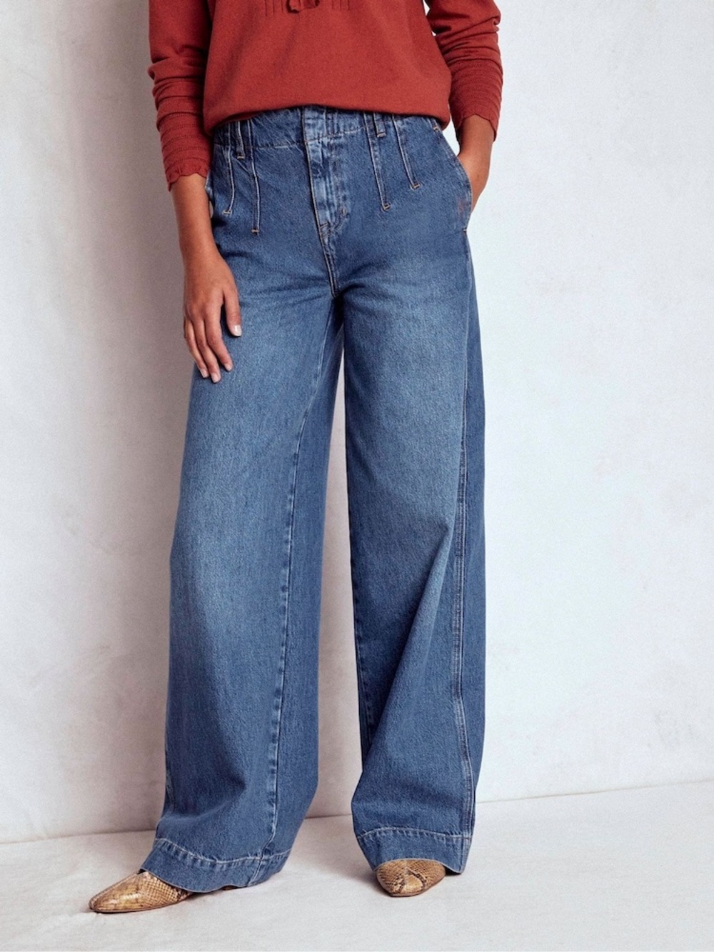 Boden Mid Rise Wide Leg Stitch Detail Pleated Jeans Women’s Size 26 Long - Picture 13 of 13